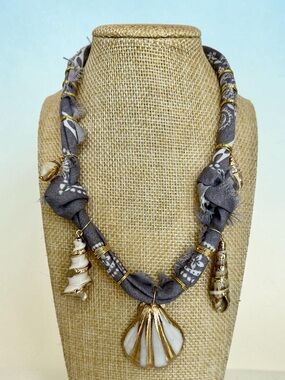 New Boho Handcrafted Gray Bandana Necklace with Gold Shell Accents